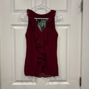 BCX Womens Burgundy Ruffle V-Neck Lace Accent Sleeveless Blouse Top Size Small